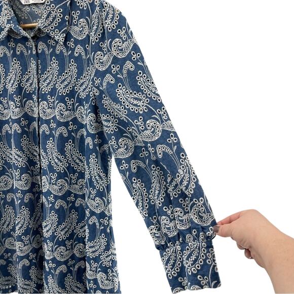Zara Blue Paisley Floral Embroidered Shirt Dress Cutwork Embroidery Size Small - Picture 5 of 15
